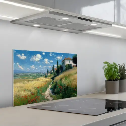 Zandpad - Huis - Bomen - Grasveld keuken achterwand spatscherm klein -3d_schuin