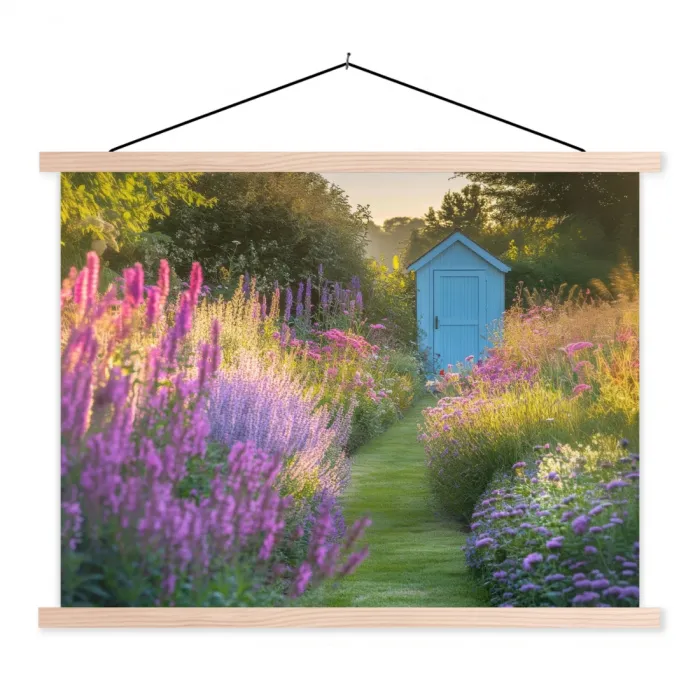 Tuinhuisje - Blauw - Bloemen textielposter latten blank klein -3d