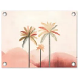 Palmbomen - Heuvels - Minimalistisch - Zachtroze tuinposter los doek klein -3d