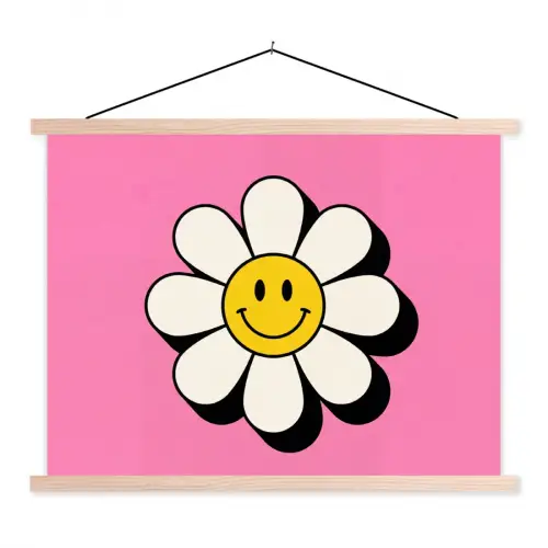 Smiley - Bloem - Roze textielposter latten blank klein -3d