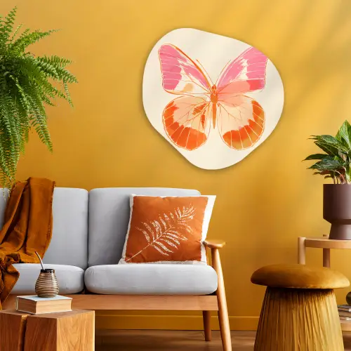 Oranje - Vlinder - Minimalistisch Wandcirkel Organisch Plexiglas middel -sfeer4