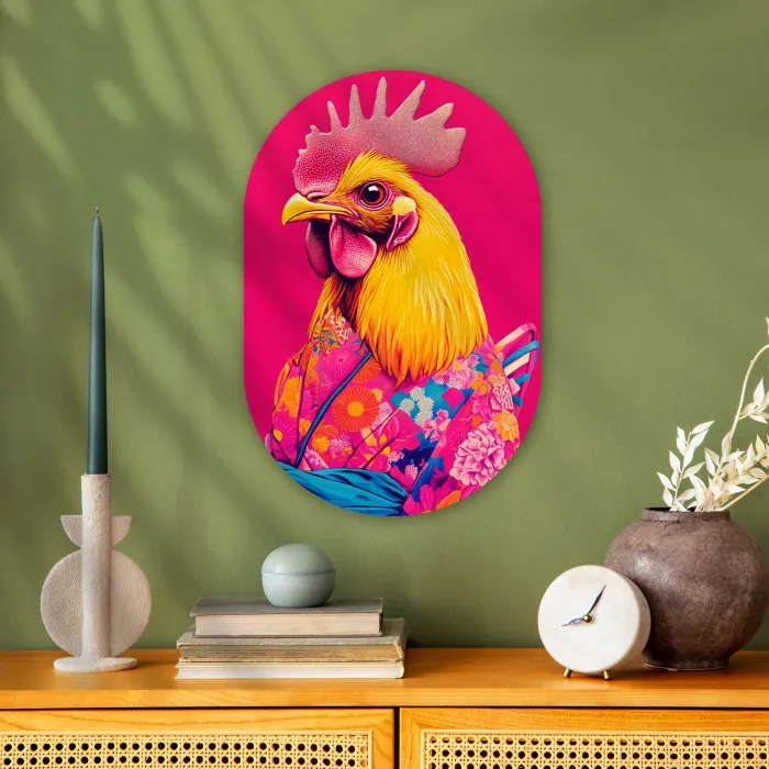 Haan - Kleurrijk - Kimono - Roze Wandcirkel Ovaal Forex klein -sfeer2