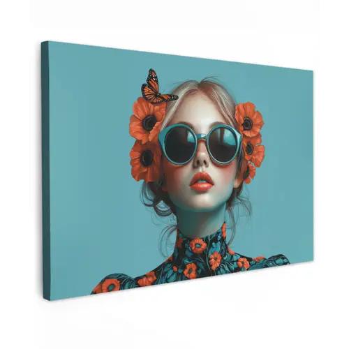 Vrouw - Blauw - Vlinder - Bloemen - Aesthetic canvas 2cm klein -z3d