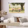Houten bankje - Bloempotten - Landschap Wandkleed katoen middel -sfeer1