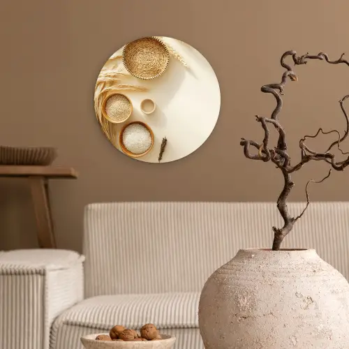 Granen - Hout - Kom - Beige Wandcirkel plexiglas klein -sfeer1