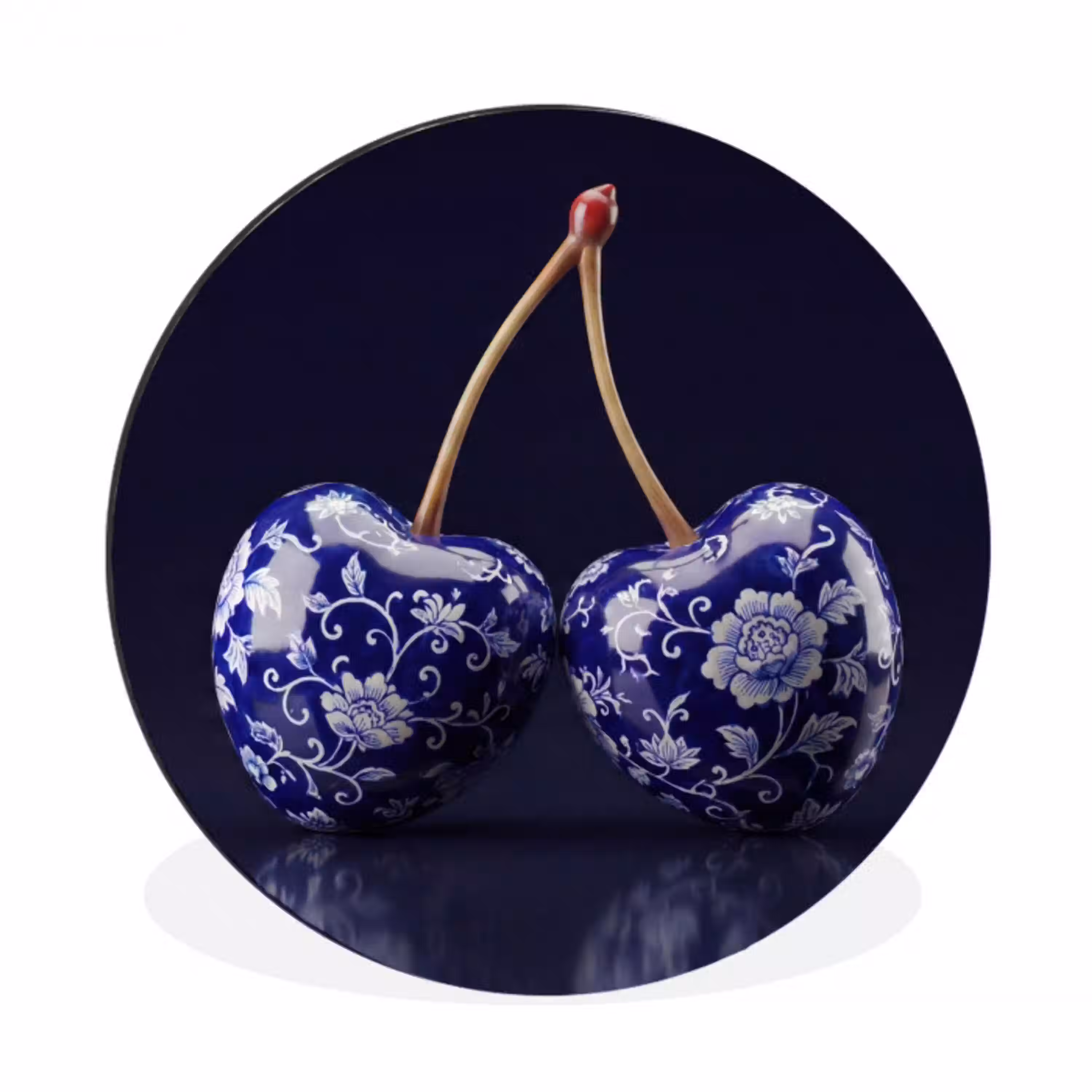Porselein- Kersen - Delfts - Blauw Wandcirkel aluminium klein -3d
