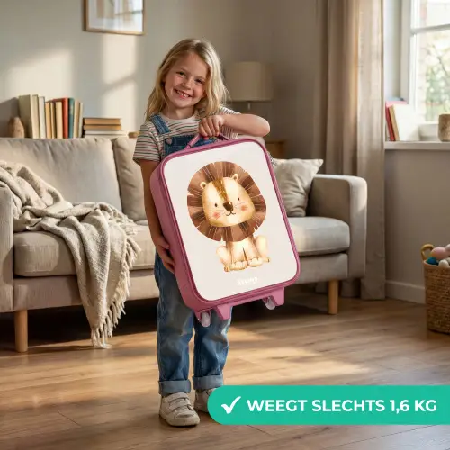 Leeuw illustratie met beige achtergrond Kinderkoffer - Roze klein -sfeer2_NL