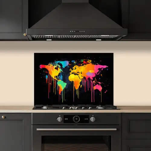 Wereldkaart - Verf - Kleurrijk - Graffiti - Wereld keuken achterwand spatscherm klein -sfeer1