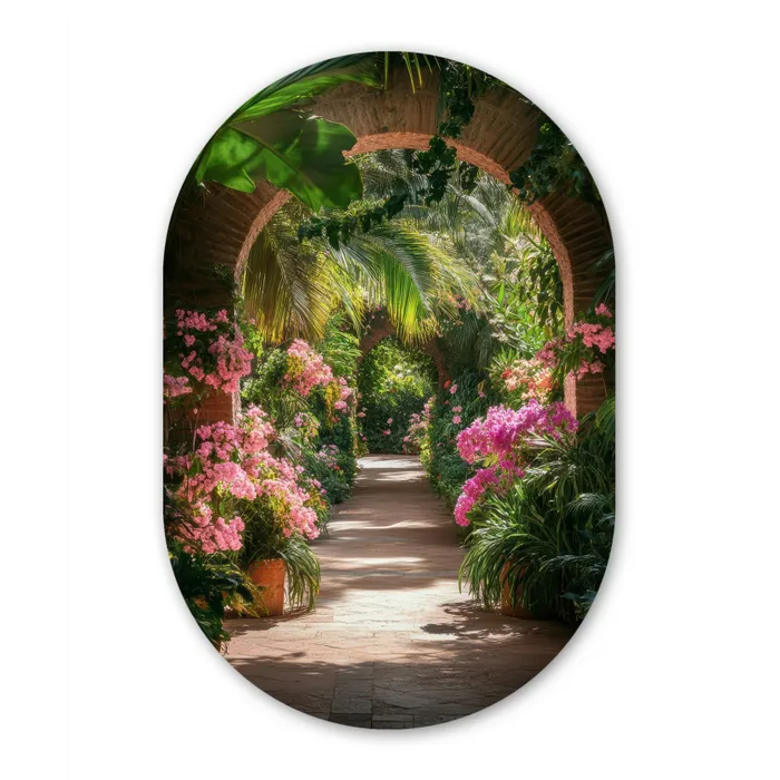 Doorkijk - Tropisch - Bloemen - Natuur Wandcirkel Ovaal Glas middel -3d