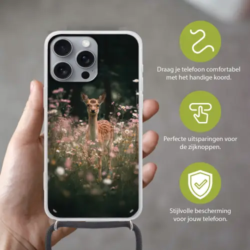 Hert - Wilde bloemen - Bos Hoesje iPhone 16 Pro Max met koord klein -sfeer2_NL