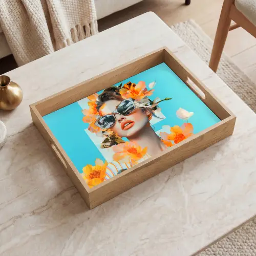 Bloemen - Vrouw - Zonnebril - Blauw Dienblad Rechthoek middel -sfeer1