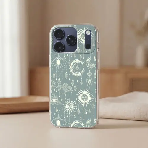 Boho - Print - Blauw - Zon - Ogen - Zen Telefoonhoesje iPhone 17 Pro klein -sfeer2