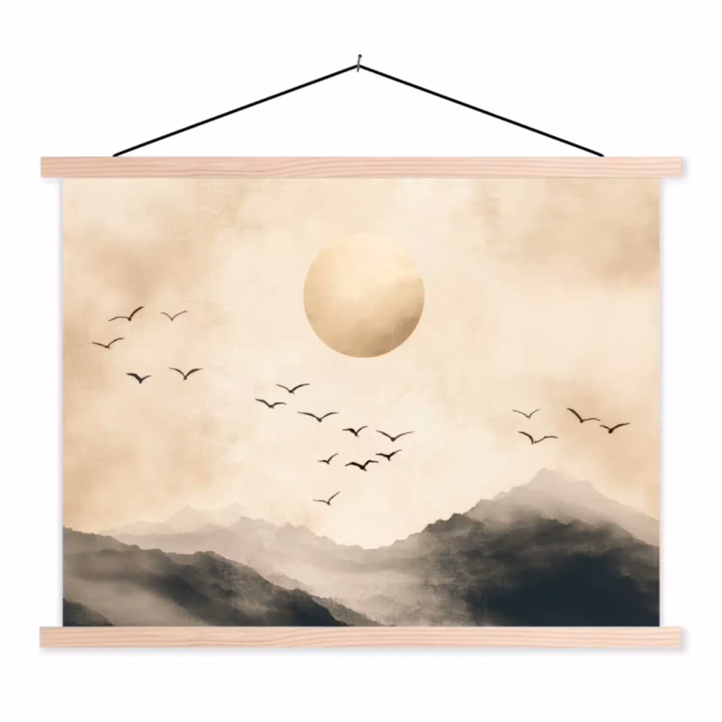 Landschap - Japandi - vogel textielposter latten blank klein -3d