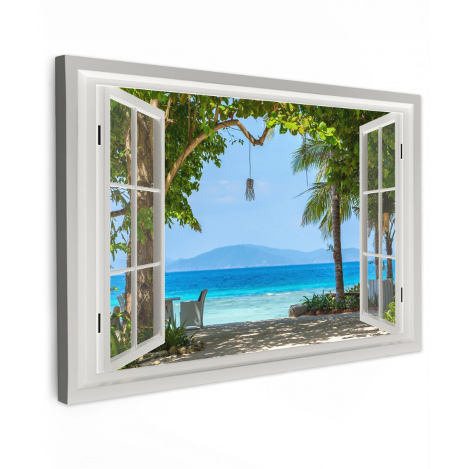 Doorkijk - Boom - Zee - Palmboom - Heuvels - Strand - Blauw canvas 2cm klein -z3d