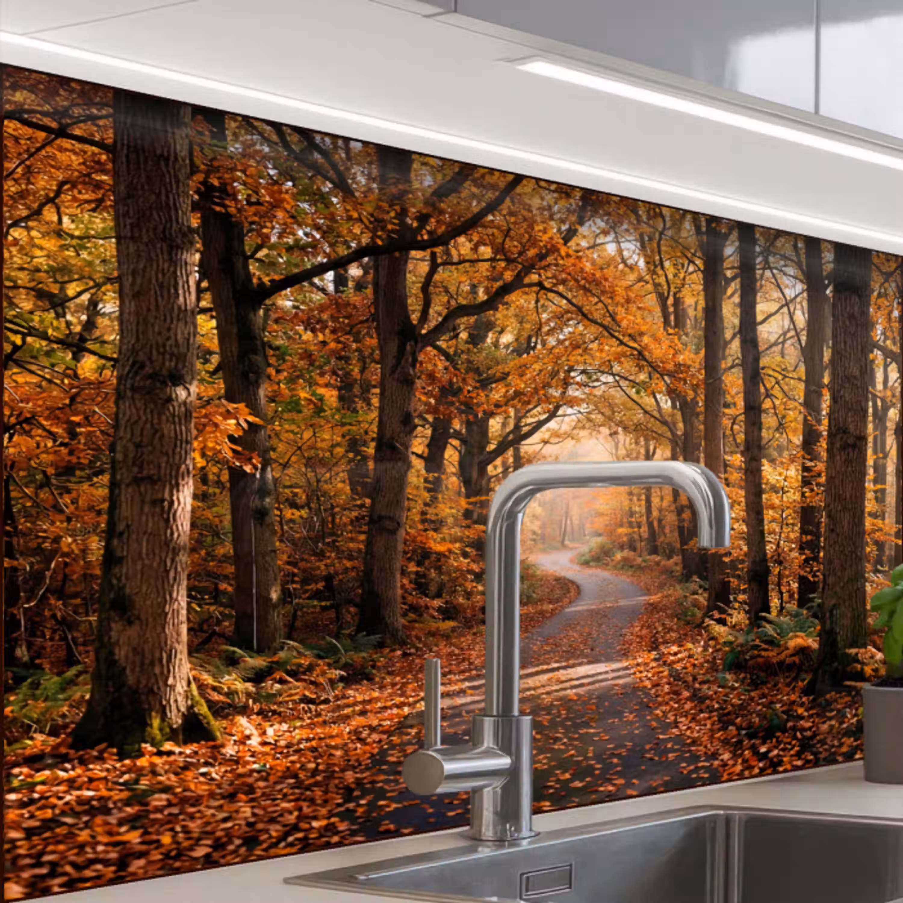 Bospad - Herfstbos - Bladeren - Oranje - Nostalgisch keuken achterwand 2 middel -zzzz3d_schuin