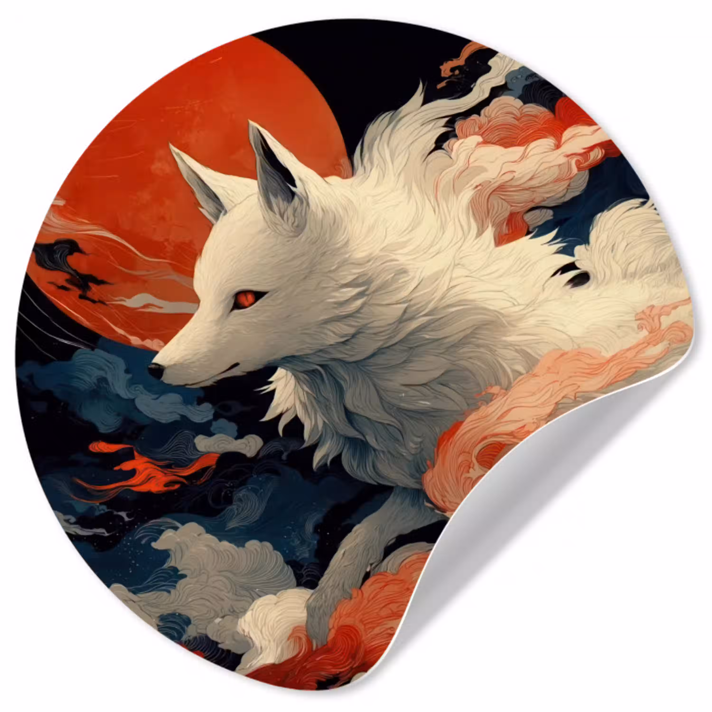 Witte vos - wolken - maan Wandcirkel behangsticker klein -3d
