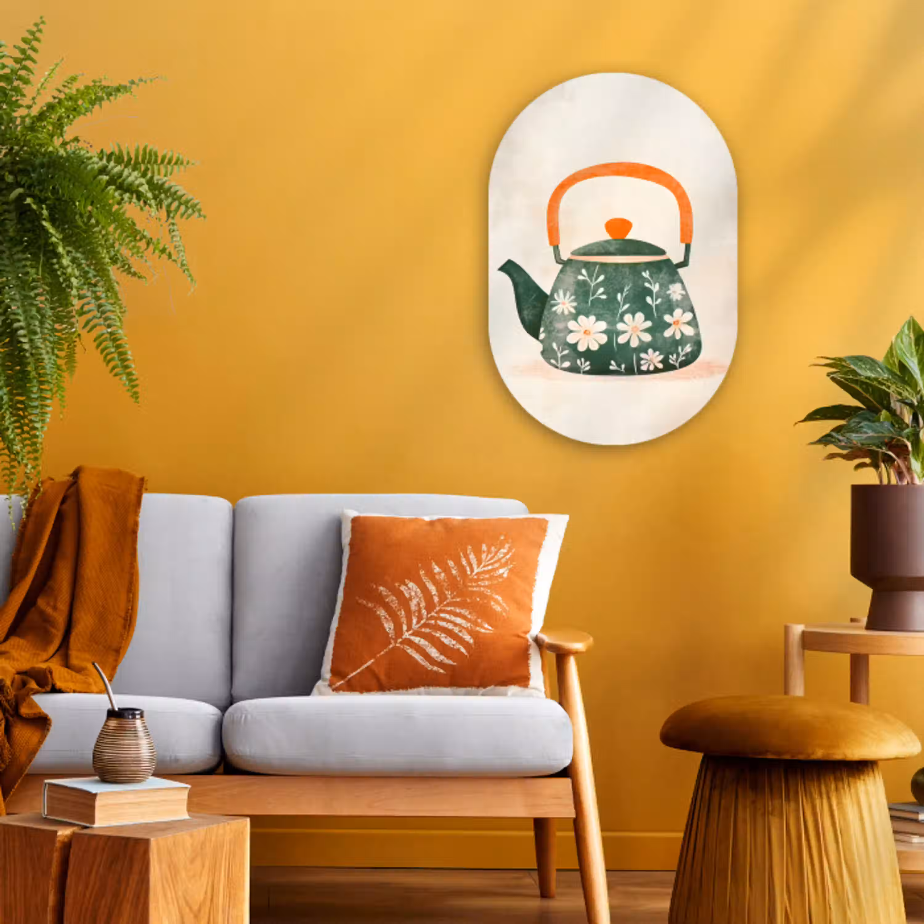 Theepot - Groen - Bloemen - Oranje Wandcirkel Ovaal Forex klein -sfeer4
