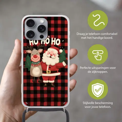 Kerstman - Rendier - Tekst - Rood - Zwart Hoesje iPhone 16 Pro Max met koord klein -sfeer2_NL
