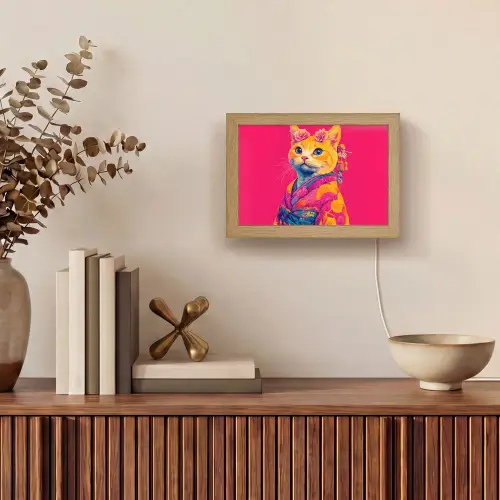 Kat - Kimono - Bloemen - Roze Light Box met kabel (Tafellamp) klein -sfeer2