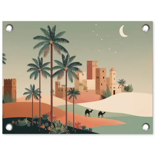 Nachtlandschap - Kamelen - Sterren - zandduinden tuinposter los doek klein -3d