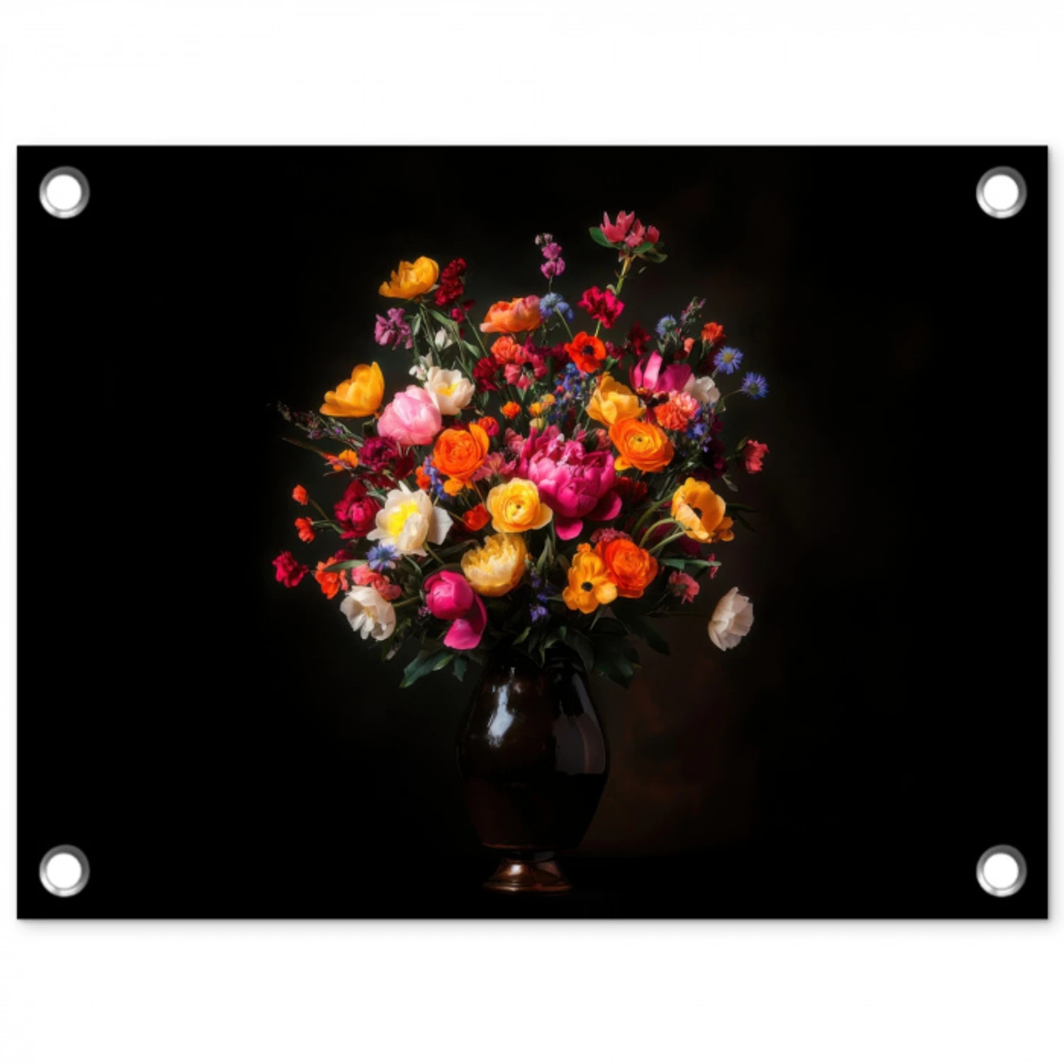 Kleurrijk - Boeket - Vaas - Donkerbruin tuinposter los doek klein -3d