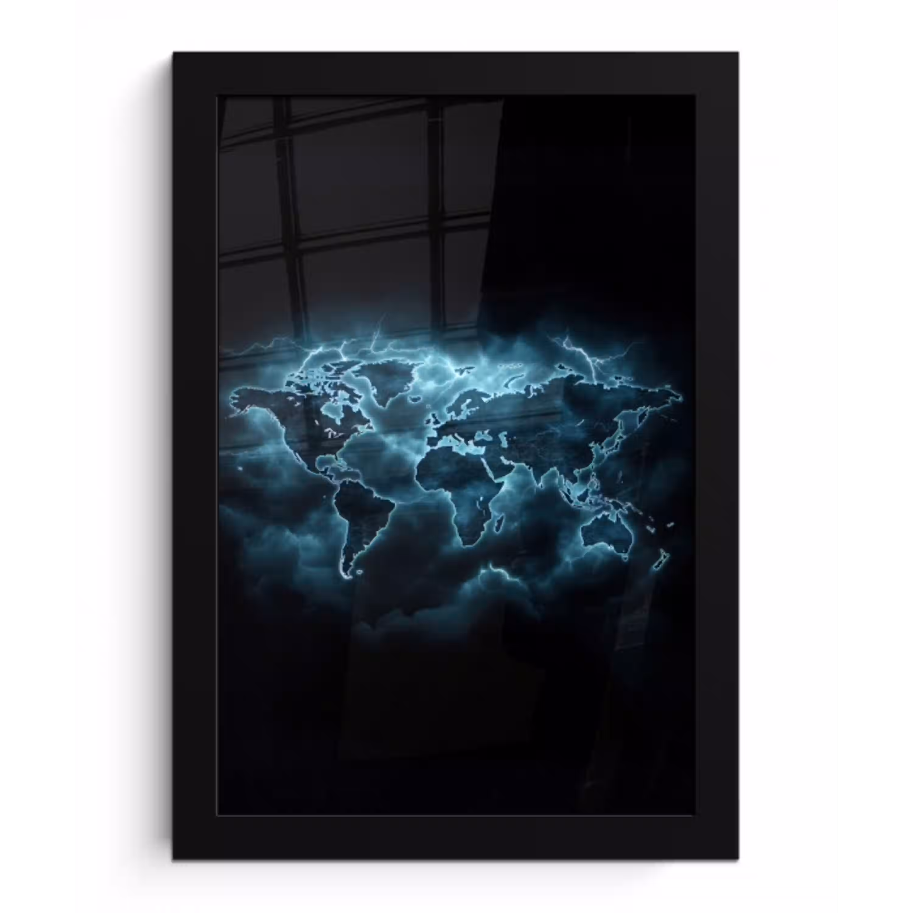Wereldkaart - Bliksem - Blauw fotolijst zwart zonder passe partout klein -3d