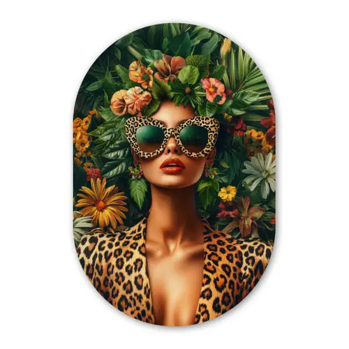 Vrouw - Panterprint - Jungle - Natuur - Luxe Wandcirkel Ovaal Glas middel -3d