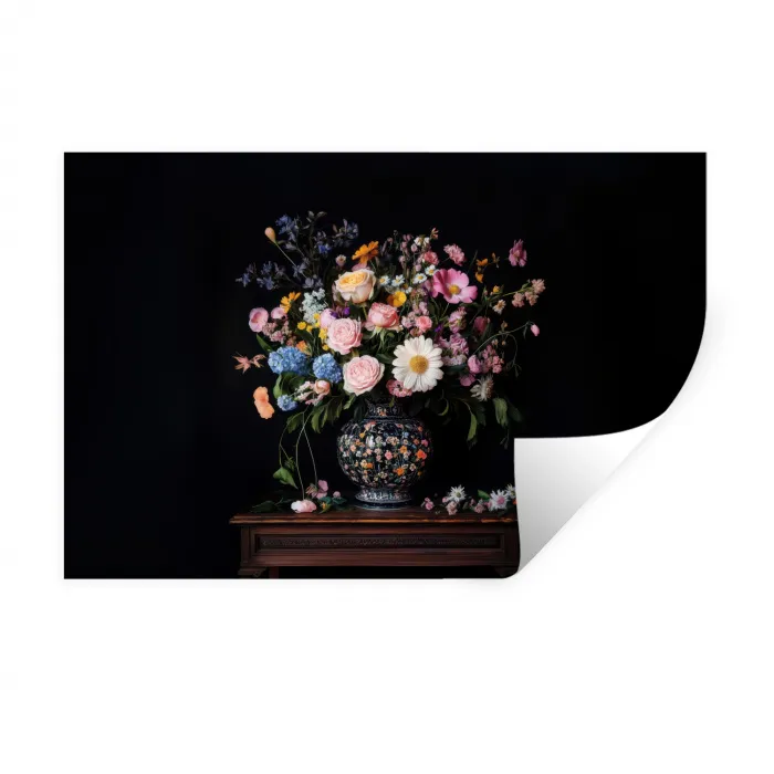 Bloemenvaas - Hout - Bloemen - Boeket Muursticker klein -3d