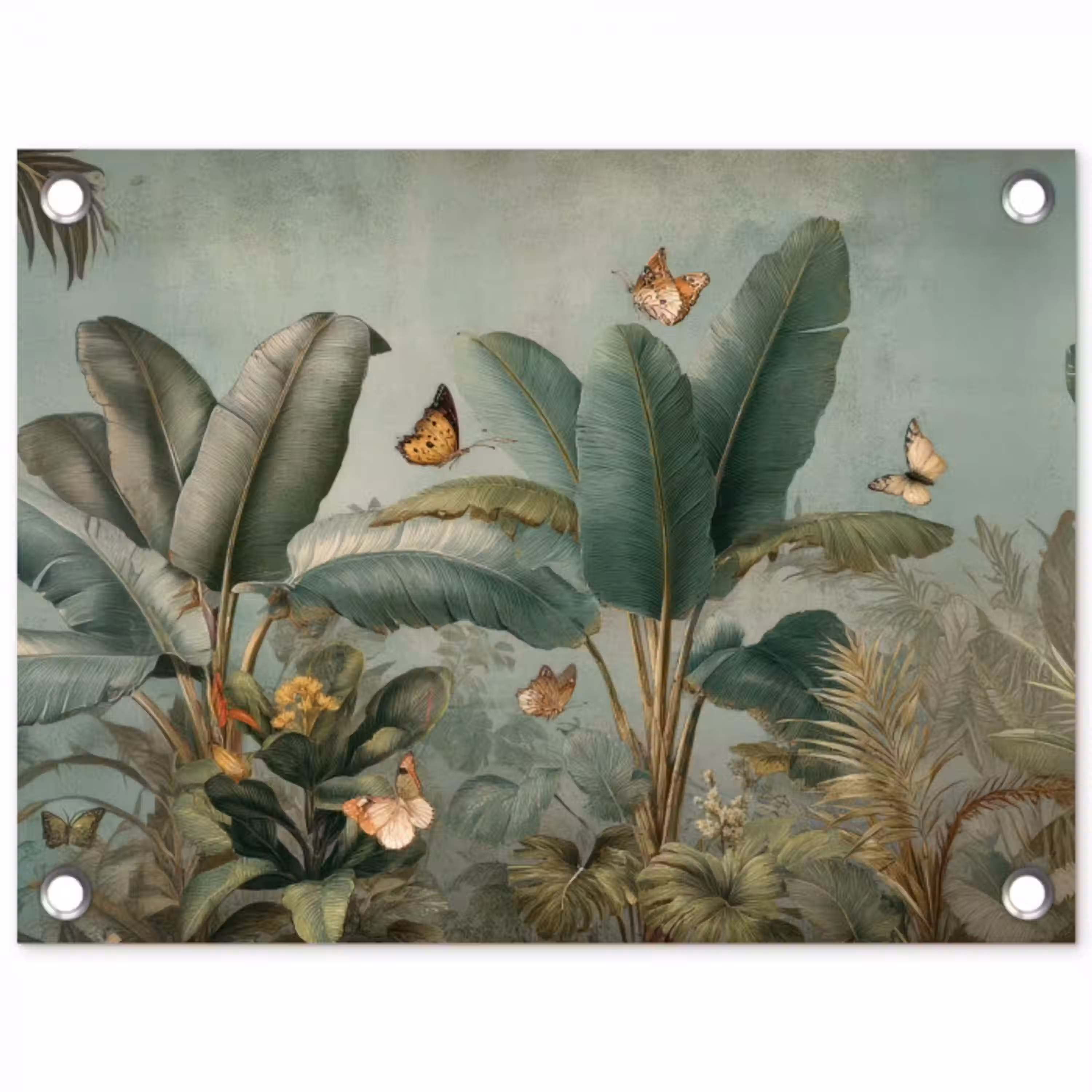 Tropisch bladerdek - Vlinders - groen - Bruin tuinposter los doek klein -3d