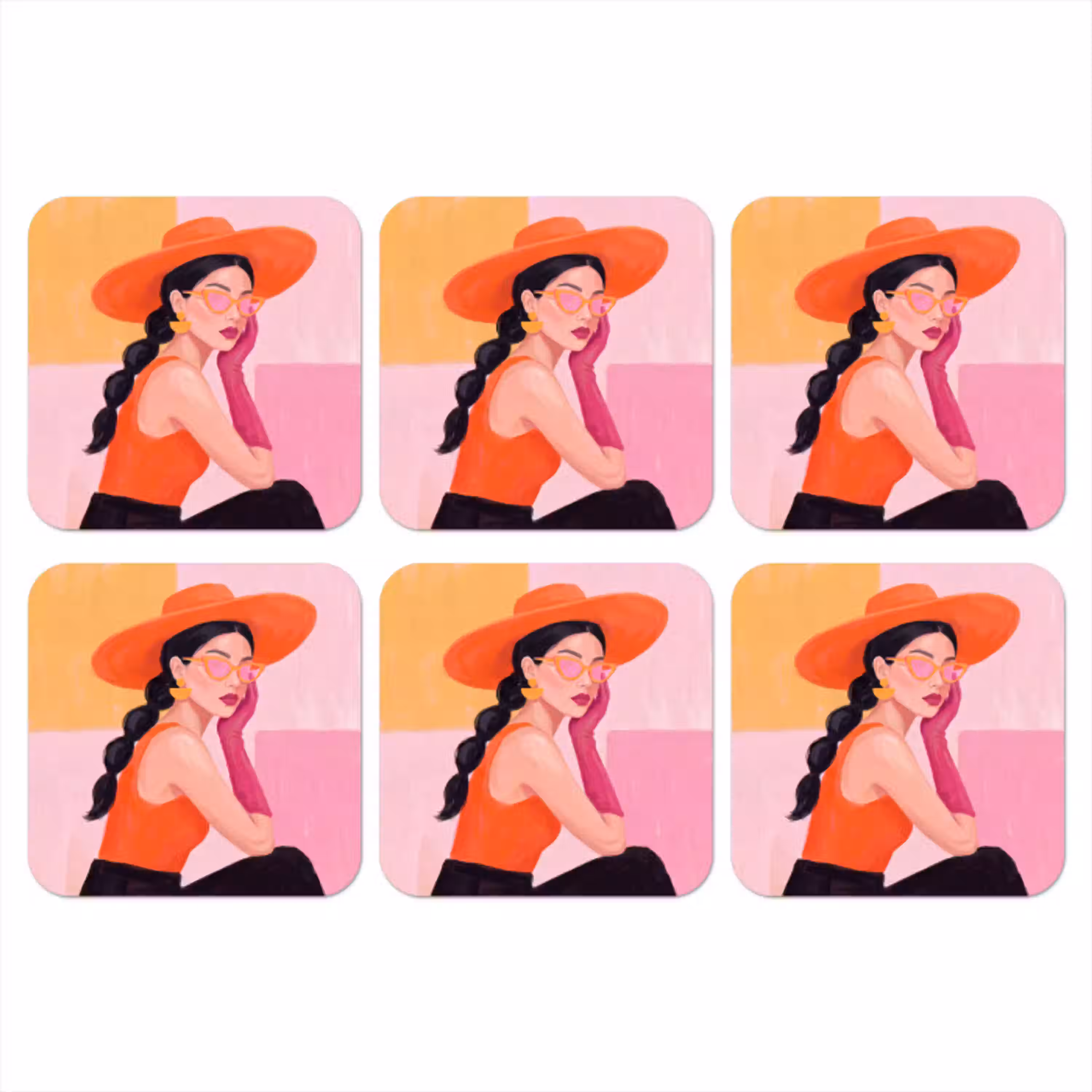 Vrouw - Hoed - Mode - Modern - Oranje onderzetter kurk middel -3d