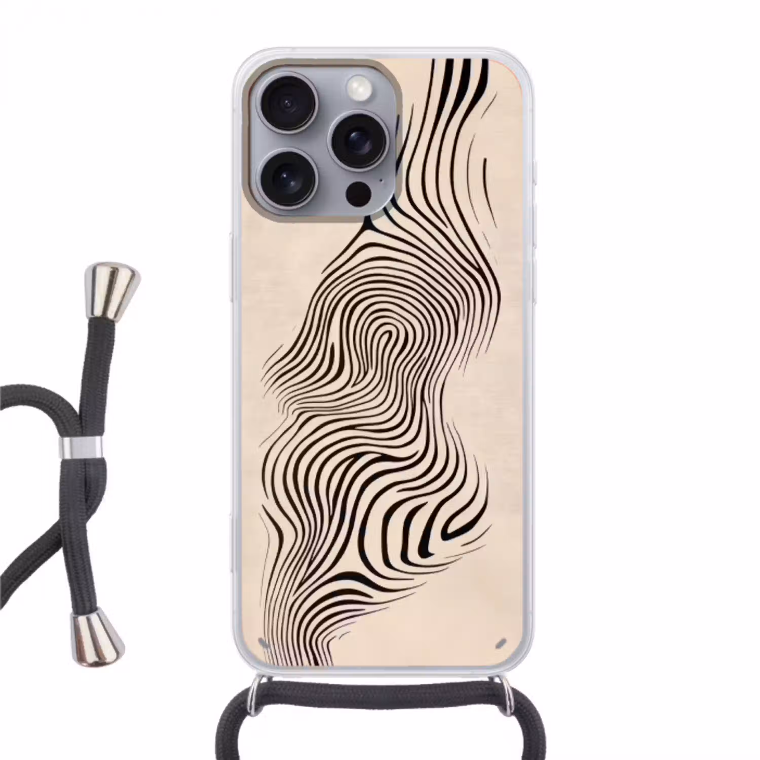 Lijnen - Abstract - Golvend - Zwart Hoesje iPhone 16 Pro Max met koord klein -3d