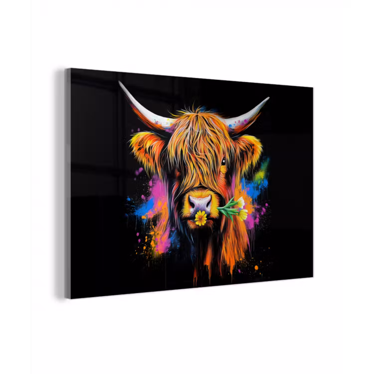 Glas schilderij - Schotse Hooglander - Graffiti - Kleurrijk - Bloem - Dieren