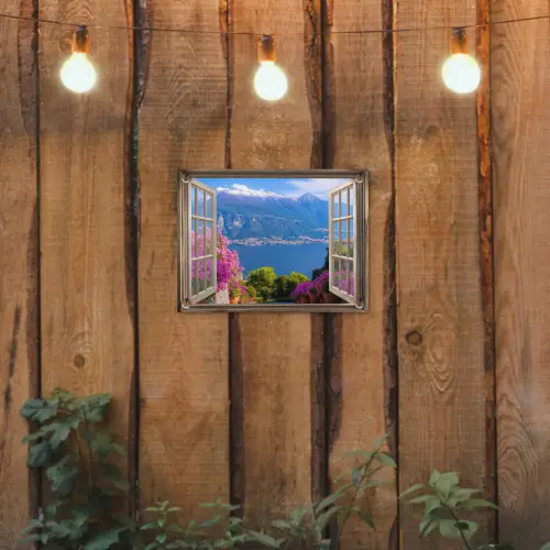 Doorkijk - Berg - Landschap - Uitzicht - Meer tuinposter los doek klein -sfeer1