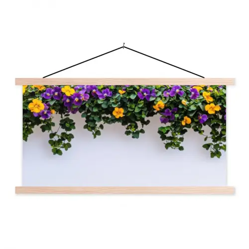 Bloemen - Muur - Geel - Paars textielposter latten blank klein -3d