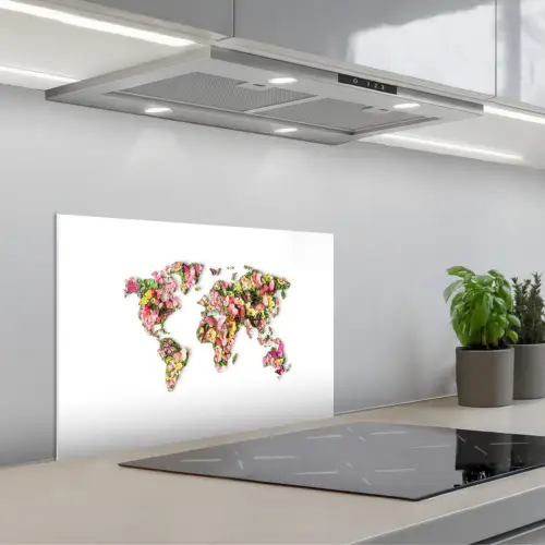 Wereldkaart - Bloemen - Felgekleurd keuken achterwand spatscherm klein -3d_schuin