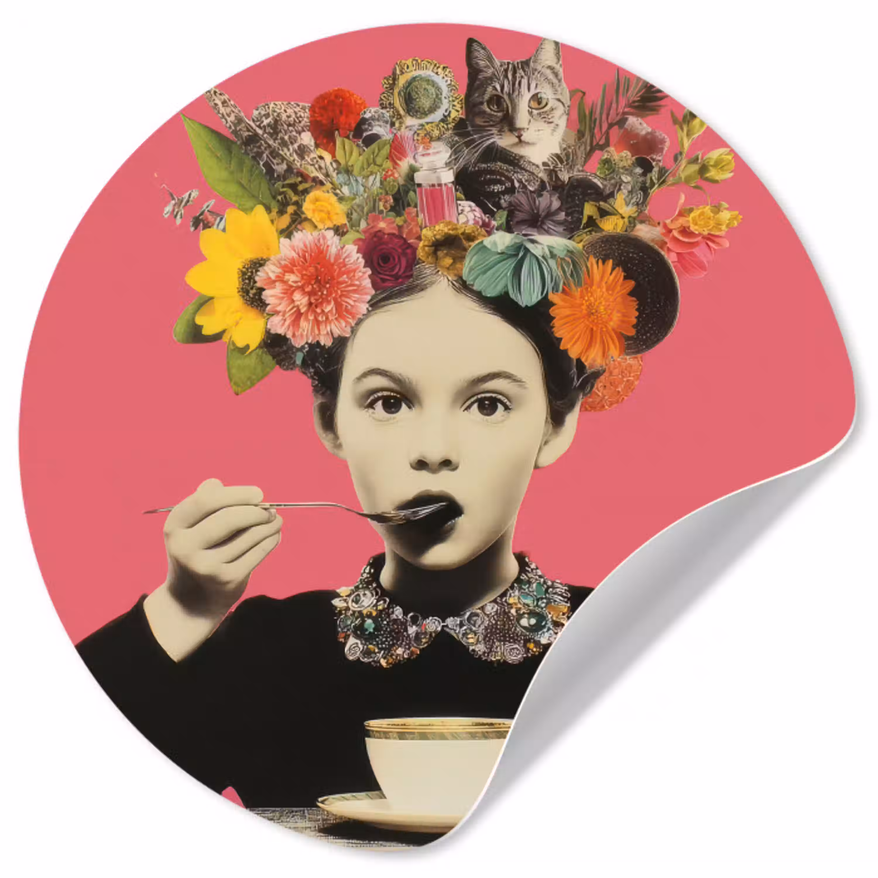 Meisje - Kopje - Bloemen - Roze Wandcirkel behangsticker klein -3d
