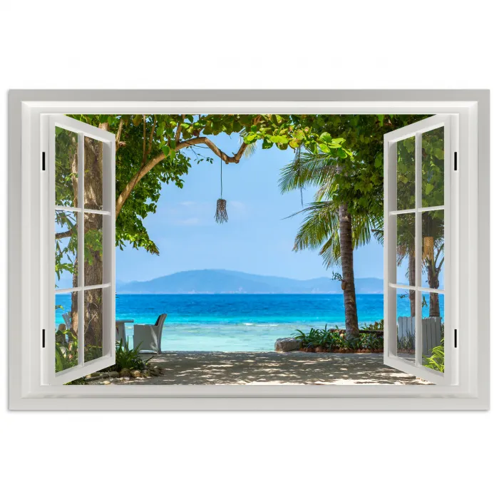 Doorkijk - Boom - Zee - Palmboom - Heuvels - Strand - Blauw poster papier klein -3d
