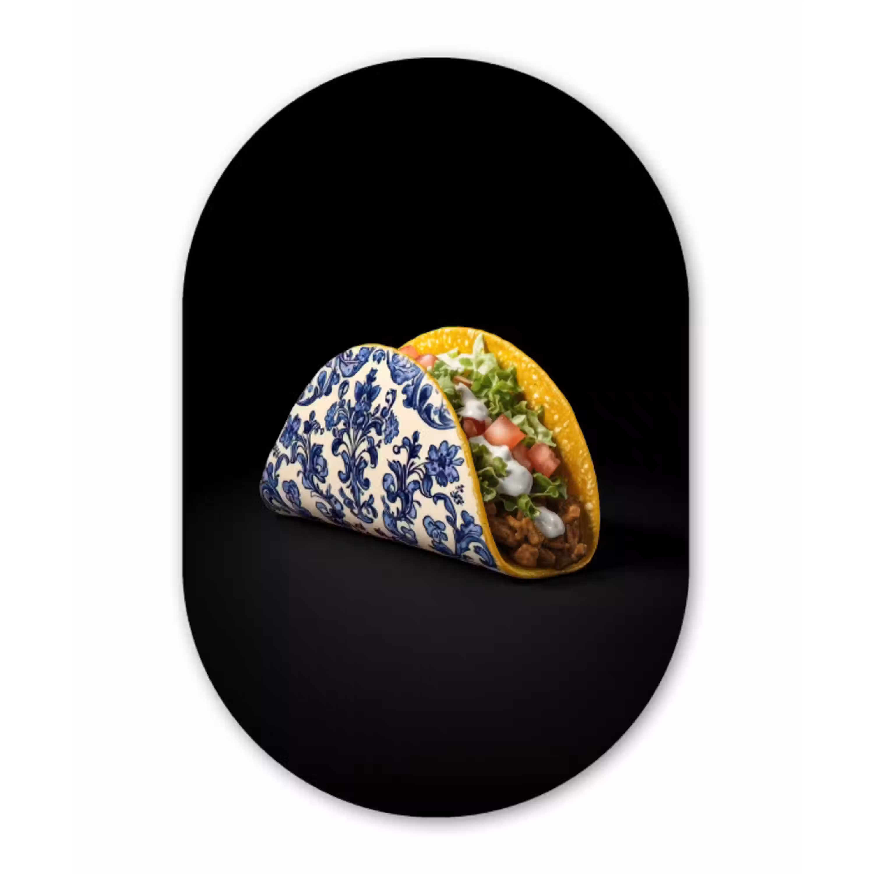 Taco - Vlees - Salade - Delftsblauw - Motief Wandcirkel Ovaal Aluminium middel -3d