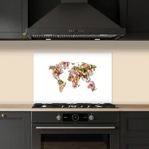 Wereldkaart - Bloemen - Felgekleurd keuken achterwand spatscherm klein -sfeer1