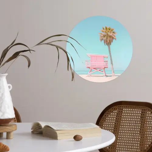 Palmboom - Strandhuis - Roze Wandcirkel behangsticker klein -sfeer3