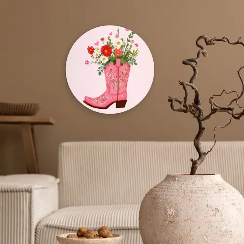 Cowboylaarzen - Roze - Boeket - Bloemen Wandcirkel kunststof plaat 5mm dik klein -sfeer1