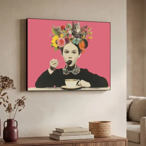 Meisje - Kopje - Bloemen - Roze Textielframe zwart klein -sfeer3