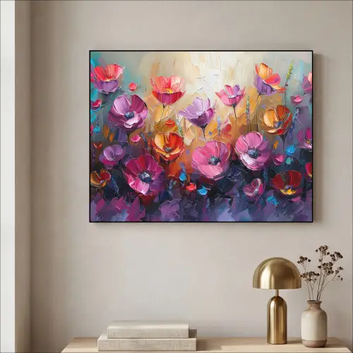 Bloemen - Paars - Kleurrijk - Handgeschilderd - Kunst Textielframe - compleet frame klein -sfeer2