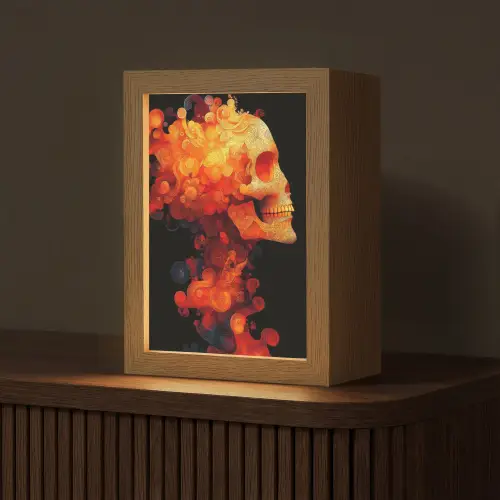Schedel - Oranje - Zijaanzicht - Vlammen Light Box met kabel (Tafellamp) klein -z3d_website