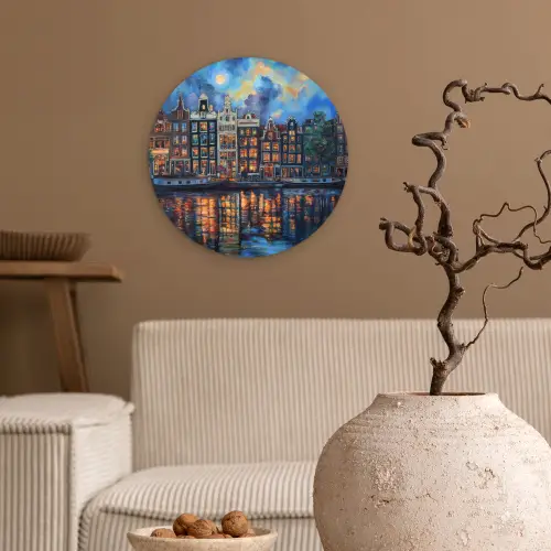 Grachten Amsterdam - Huizen - Stad - Kleurrijk Wandcirkel plexiglas klein -sfeer1