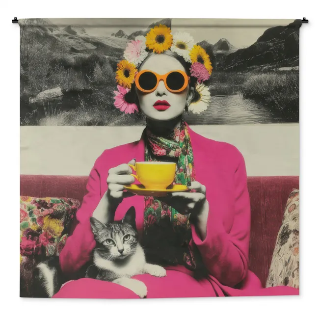 Wandkleed - Vrouw - Kat - Bloemen - Kopje - Retro