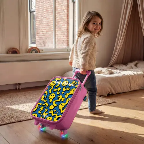 Smiley - Geel - Blauw Kinderkoffer - Roze klein -sfeer1