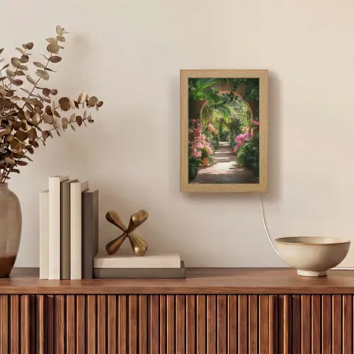 Doorkijk - Tropisch - Bloemen - Natuur Light Box met kabel (Tafellamp) klein -sfeer2