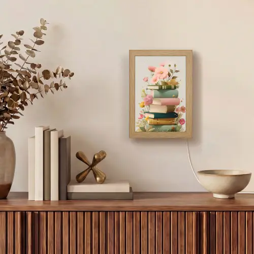 Boeken - Stapel - Bloemen - Kleurrijk Light Box met kabel (Tafellamp) klein -sfeer2
