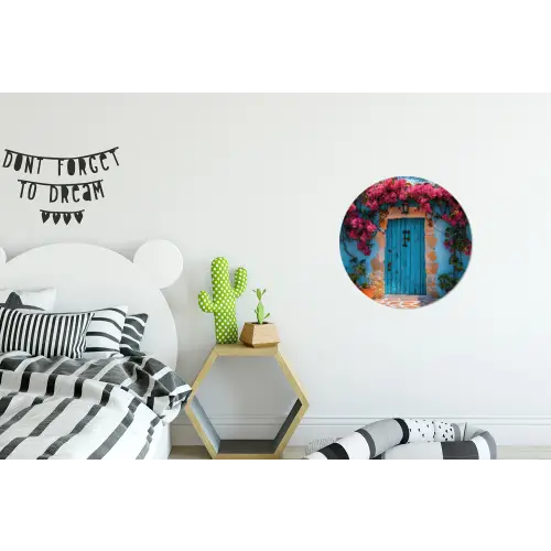 Deur - Hout - Bloemen - Blauw Wandcirkel aluminium klein -kinderkamer